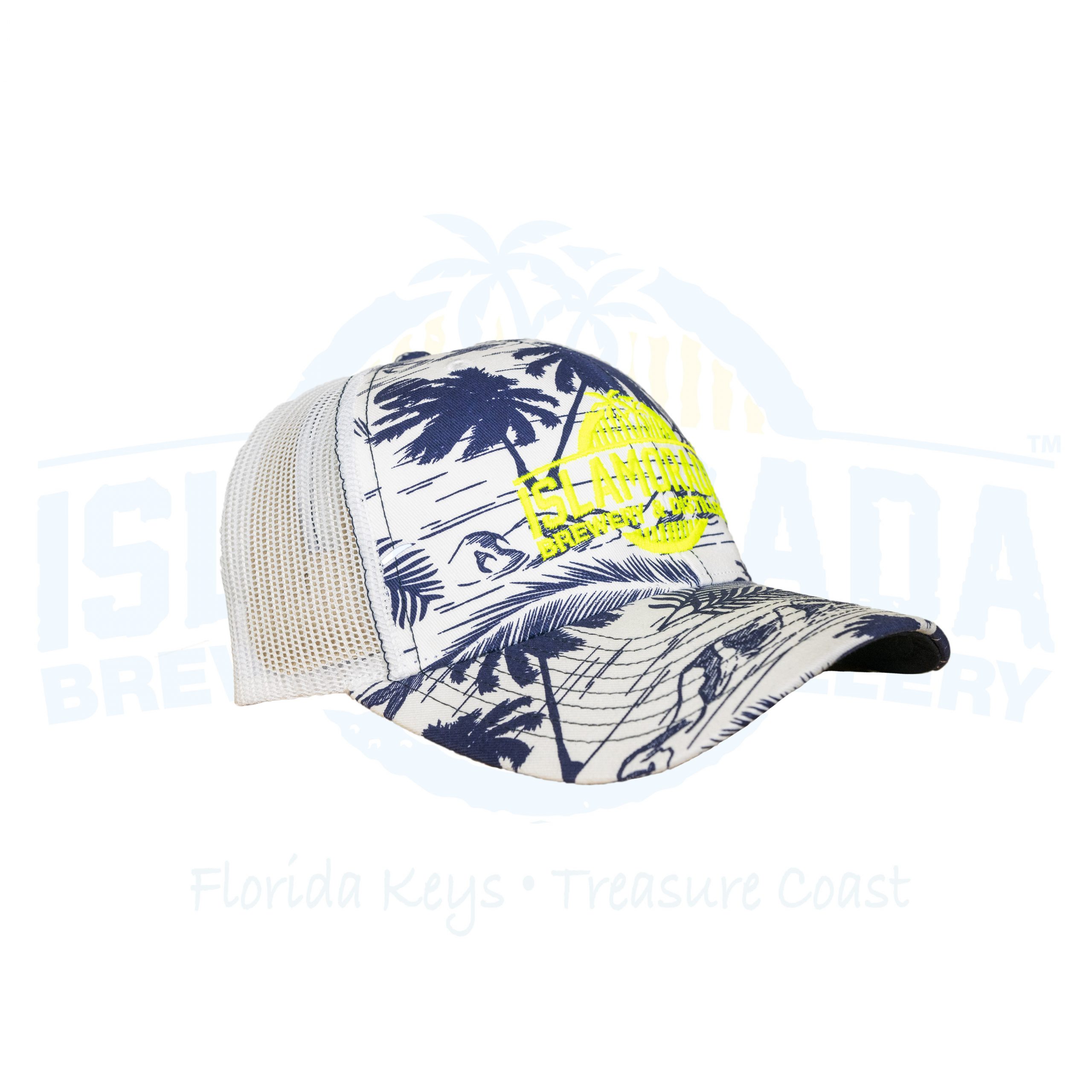 Trucker Hat “Island Print” White/Blue | Islamorada Beer Company